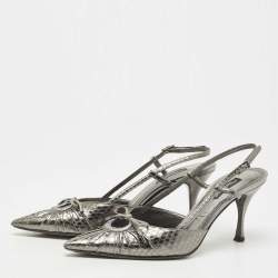 Pre Owned Dolce & Gabbana Metallic Silver Python Bow Slingback Pumps Size 36.5