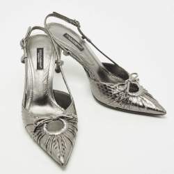 Pre Owned Dolce & Gabbana Metallic Silver Python Bow Slingback Pumps Size 36.5