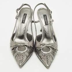 Pre Owned Dolce & Gabbana Metallic Silver Python Bow Slingback Pumps Size 36.5