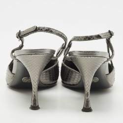 Pre Owned Dolce & Gabbana Metallic Silver Python Bow Slingback Pumps Size 36.5