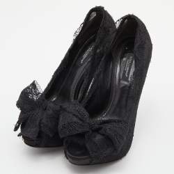 Pre Owned Dolce & Gabbana Black Lace Bow Peep Toe Platform Pumps Size 36