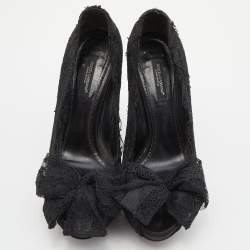 Pre Owned Dolce & Gabbana Black Lace Bow Peep Toe Platform Pumps Size 36