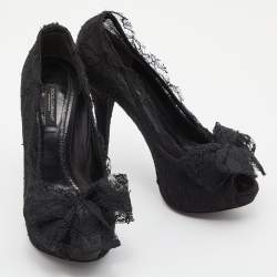 Pre Owned Dolce & Gabbana Black Lace Bow Peep Toe Platform Pumps Size 36
