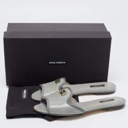 Pre Owned Dolce & Gabbana Green  LIzard Embossed Flat Slides Size 38.5