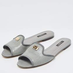 Pre Owned Dolce & Gabbana Green  LIzard Embossed Flat Slides Size 38.5