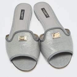 Pre Owned Dolce & Gabbana Green  LIzard Embossed Flat Slides Size 38.5
