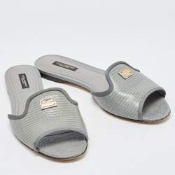 Pre Owned Dolce & Gabbana Green  LIzard Embossed Flat Slides Size 38.5