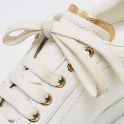 Pre Owned Dolce & Gabbana White/Gold Leather Pearl Embellished Portofino Sneakers Size 37