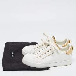 Pre Owned Dolce & Gabbana White/Gold Leather Pearl Embellished Portofino Sneakers Size 37