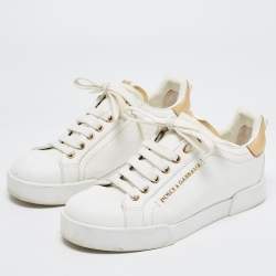 Pre Owned Dolce & Gabbana White/Gold Leather Pearl Embellished Portofino Sneakers Size 37