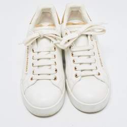 Pre Owned Dolce & Gabbana White/Gold Leather Pearl Embellished Portofino Sneakers Size 37