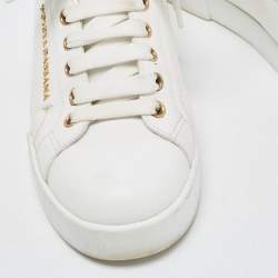 Pre Owned Dolce & Gabbana White/Gold Leather Pearl Embellished Portofino Sneakers Size 37