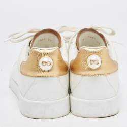 Pre Owned Dolce & Gabbana White/Gold Leather Pearl Embellished Portofino Sneakers Size 37