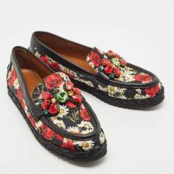 Dolce & Gabbana Multicolor Floral Fabric and Leather Crystal Embellished Loafers Size 39