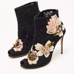 Pre Owned Dolce & Gabbana Black Lace Crystal Embellished Applique Peep Toe Booties Size 40