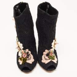 Pre Owned Dolce & Gabbana Black Lace Crystal Embellished Applique Peep Toe Booties Size 40