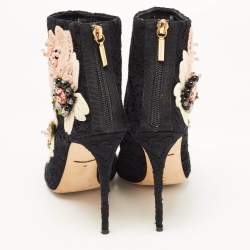 Pre Owned Dolce & Gabbana Black Lace Crystal Embellished Applique Peep Toe Booties Size 40