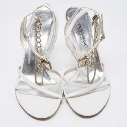 Pre Owned Dolce & Gabbana White Leather Chain Embellished Ankle Strap Sandals Size 37.5