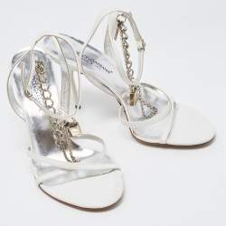 Pre Owned Dolce & Gabbana White Leather Chain Embellished Ankle Strap Sandals Size 37.5