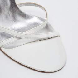 Pre Owned Dolce & Gabbana White Leather Chain Embellished Ankle Strap Sandals Size 37.5