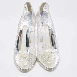 Pre Owned Dolce & Gabbana Silver PVC Crystal Embellished Cinderella Pumps Size 38.5