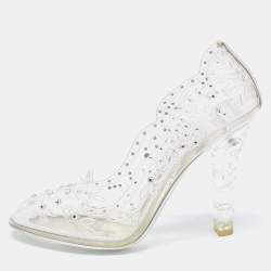 Pre Owned Dolce & Gabbana Silver PVC Crystal Embellished Cinderella Pumps Size 38.5