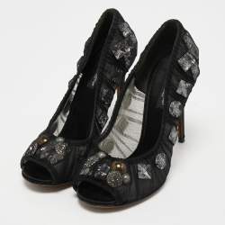 Pre Owned Dolce & Gabbana Black Net Crystal Embellished Peep Toe Pumps Size 37.5