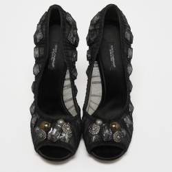Pre Owned Dolce & Gabbana Black Net Crystal Embellished Peep Toe Pumps Size 37.5