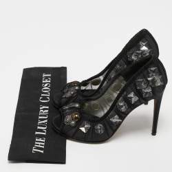 Pre Owned Dolce & Gabbana Black Net Crystal Embellished Peep Toe Pumps Size 37.5