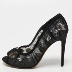 Pre Owned Dolce & Gabbana Black Net Crystal Embellished Peep Toe Pumps Size 37.5