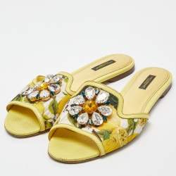 Pre Owned Dolce & Gabbana Yellow Floral Fabric and Lizard Embossed Leather Crystal Embellished Sofia Flat Slides Size 39