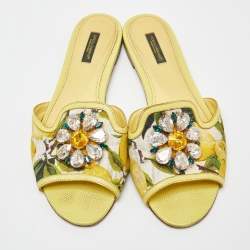 Pre Owned Dolce & Gabbana Yellow Floral Fabric and Lizard Embossed Leather Crystal Embellished Sofia Flat Slides Size 39