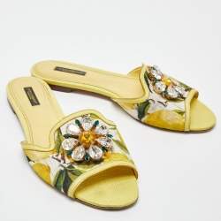 Pre Owned Dolce & Gabbana Yellow Floral Fabric and Lizard Embossed Leather Crystal Embellished Sofia Flat Slides Size 39