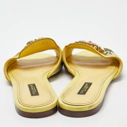 Pre Owned Dolce & Gabbana Yellow Floral Fabric and Lizard Embossed Leather Crystal Embellished Sofia Flat Slides Size 39