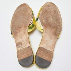 Pre Owned Dolce & Gabbana Yellow Floral Fabric and Lizard Embossed Leather Crystal Embellished Sofia Flat Slides Size 39