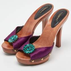 Pre Owned Dolce & Gabbana Purple Satin Crystal Embellished Brooch Wooden Slides Size 39