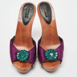 Pre Owned Dolce & Gabbana Purple Satin Crystal Embellished Brooch Wooden Slides Size 39