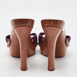 Pre Owned Dolce & Gabbana Purple Satin Crystal Embellished Brooch Wooden Slides Size 39