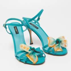 Pre Owned Dolce & Gabbana Blue Leather Bow Ankle Strap Sandals Size 38