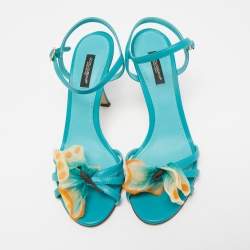 Pre Owned Dolce & Gabbana Blue Leather Bow Ankle Strap Sandals Size 38