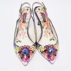 Pre Owned Dolce & Gabbana Multicolor Printed Leather Crystal Embellished Slingback Pumps Size 37 
