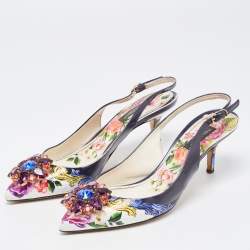 Pre Owned Dolce & Gabbana Multicolor Printed Leather Crystal Embellished Slingback Pumps Size 37 