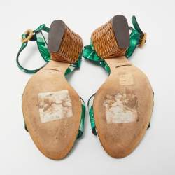 Pre Owned Dolce & Gabbana Green Banana Leaf Print Satin Keira Ankle Strap Sandals Size 41