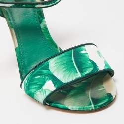 Pre Owned Dolce & Gabbana Green Banana Leaf Print Satin Keira Ankle Strap Sandals Size 41