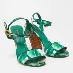 Pre Owned Dolce & Gabbana Green Banana Leaf Print Satin Keira Ankle Strap Sandals Size 41