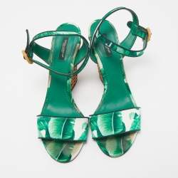 Pre Owned Dolce & Gabbana Green Banana Leaf Print Satin Keira Ankle Strap Sandals Size 41