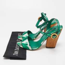 Pre Owned Dolce & Gabbana Green Banana Leaf Print Satin Keira Ankle Strap Sandals Size 41
