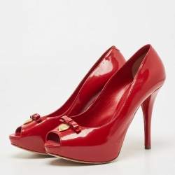 Pre Owned Dolce & Gabbana Red Patent Leather Bow Peep Toe Platform Pumps Size 38