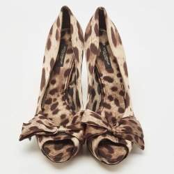 Pre Owned Dolce & Gabbana Brown Animal Print Satin Bow Peep Toe Platform Pumps Size 40