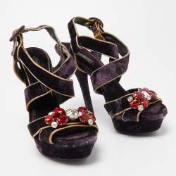 Dolce & Gabbana Purple Velvet and Leather Ankle Strap Sandals Size 39.5